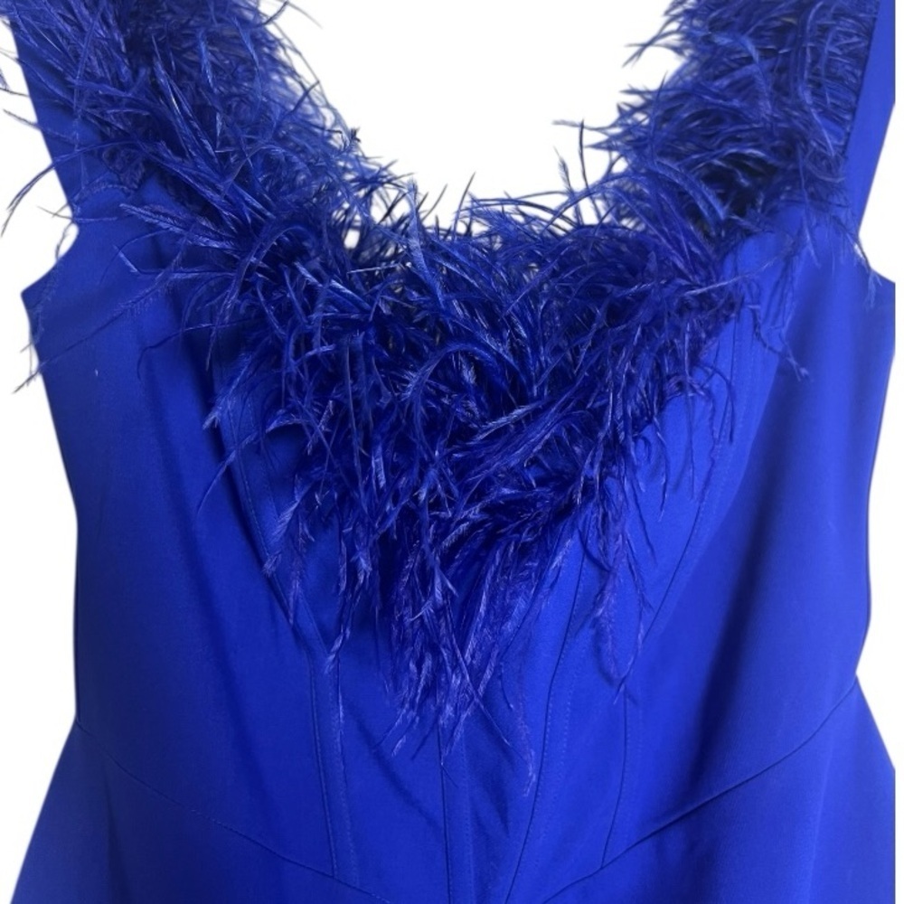 Chic Blue Feather-Accent Midi Dress - Elegant and Fun Wear - Size L - Picture 2 of 5